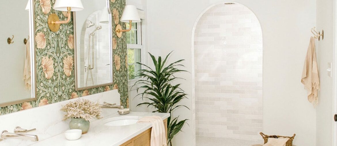 Bathroom with an arched shower and Arts and Crafts wallpaper, Carmel near Indianapolis, Indiana [1351x2000]