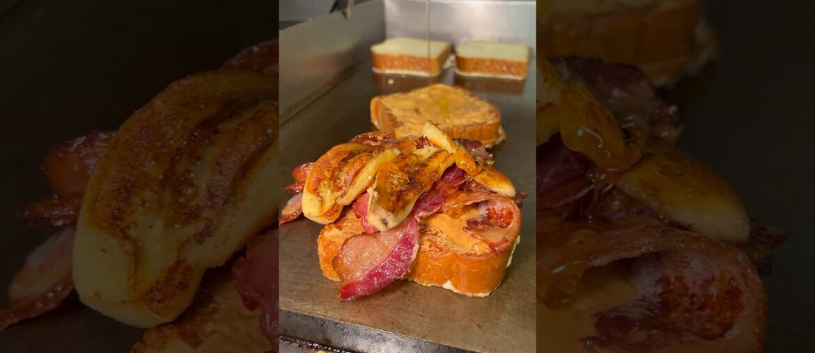 Would you try a PEANUT BUTTER, BACON & BANANA STUFFED FRENCH TOAST? #foodchallenge #lasvegas