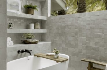 White zellige tile bathroom renovation with natural light in Santa Barbara, California [2000x3000]