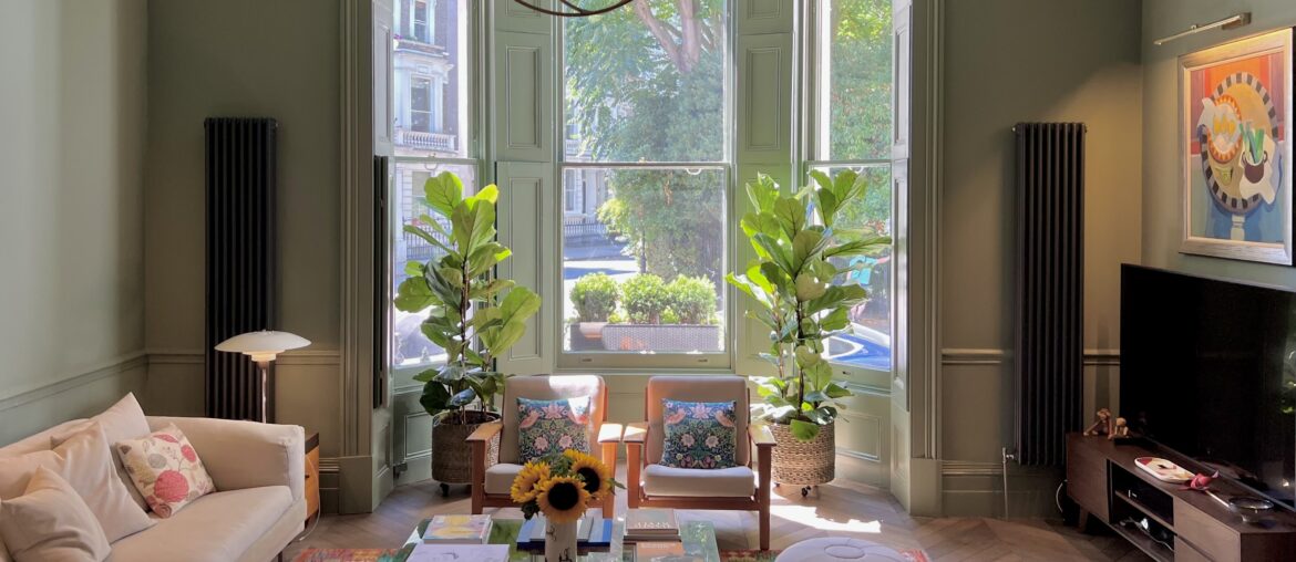 Bay window living room of a ground-floor conversion apartment in a Victorian house, Lexham Gardens, South Kensington, London, UK [3774x2516]