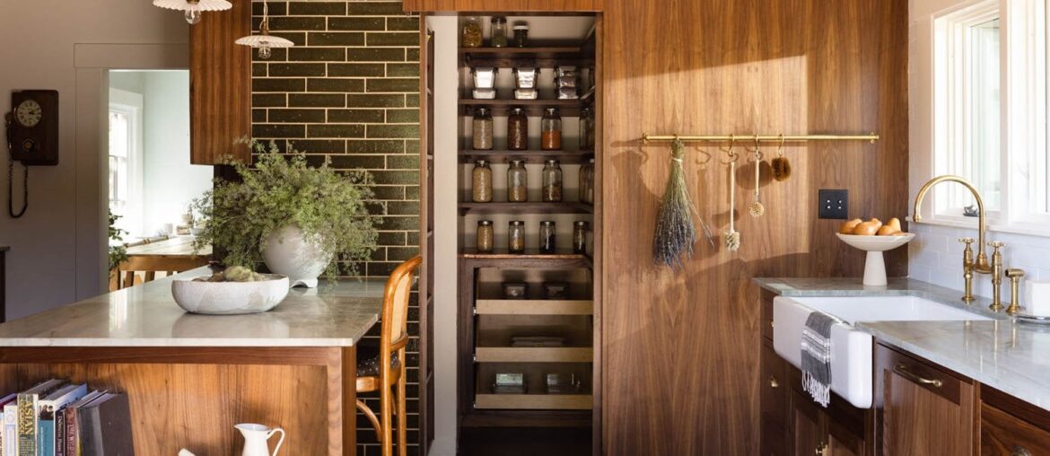 Kitchen renovation with walnut cabinetry and walk-in pantry in a 1910 house, Berkeley, California [1500x1536]