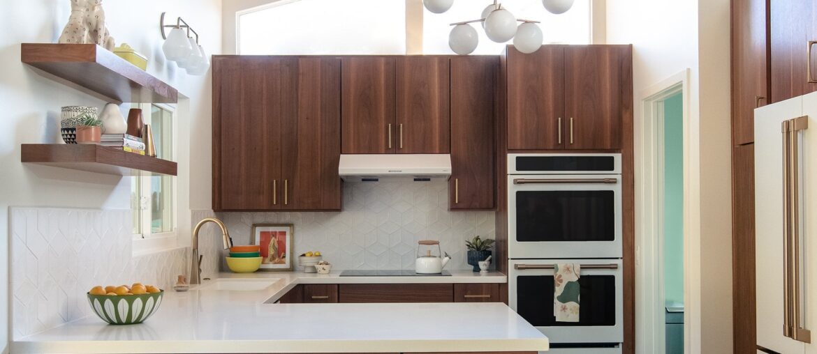 Mid-century modern kitchen renovation with new walnut cabinets, Escondido, San Diego County, California [2000x2624]