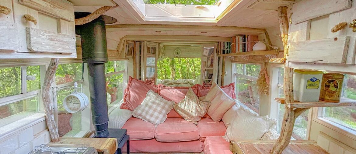 Interior of converted minibus turned cottage on wheels, England, UK [1440x1080]