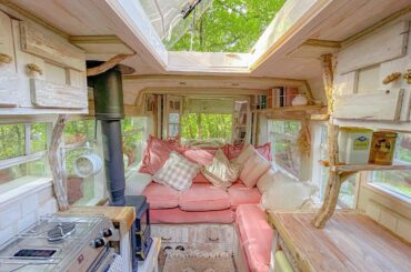Interior of converted minibus turned cottage on wheels, England, UK [1440x1080]
