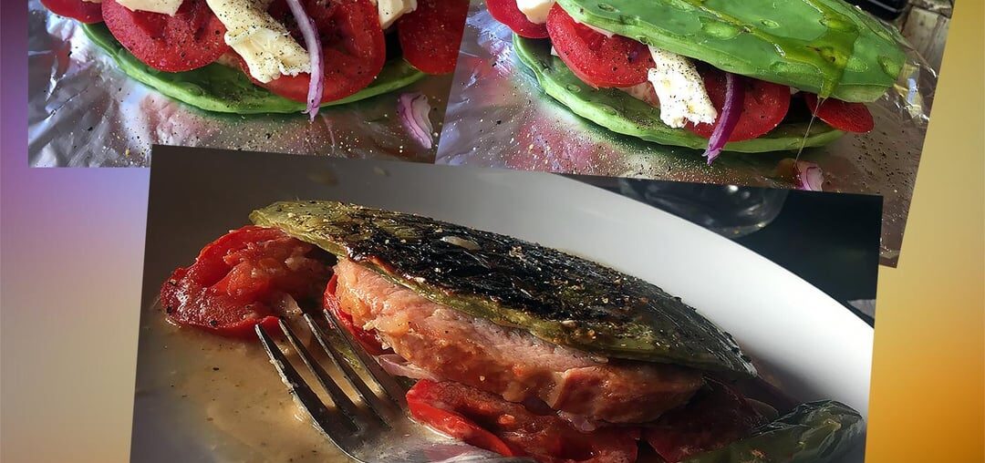 Vu que nous vivons au Mexique, ma foi, des ti plats d'ici pour vous dépayser 1 chouïa. Ce plat est du nopal farci, le nopal est de la famille des cactus et est super délicieux, en plus très sain. Saludos !!!