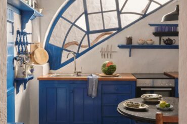 1920s semicircle window with an asymmetrical design in the kitchen of a refurbished 16th-century farmhouse, Island of Patmos in the Aegean Sea, Greece [1350x1800]