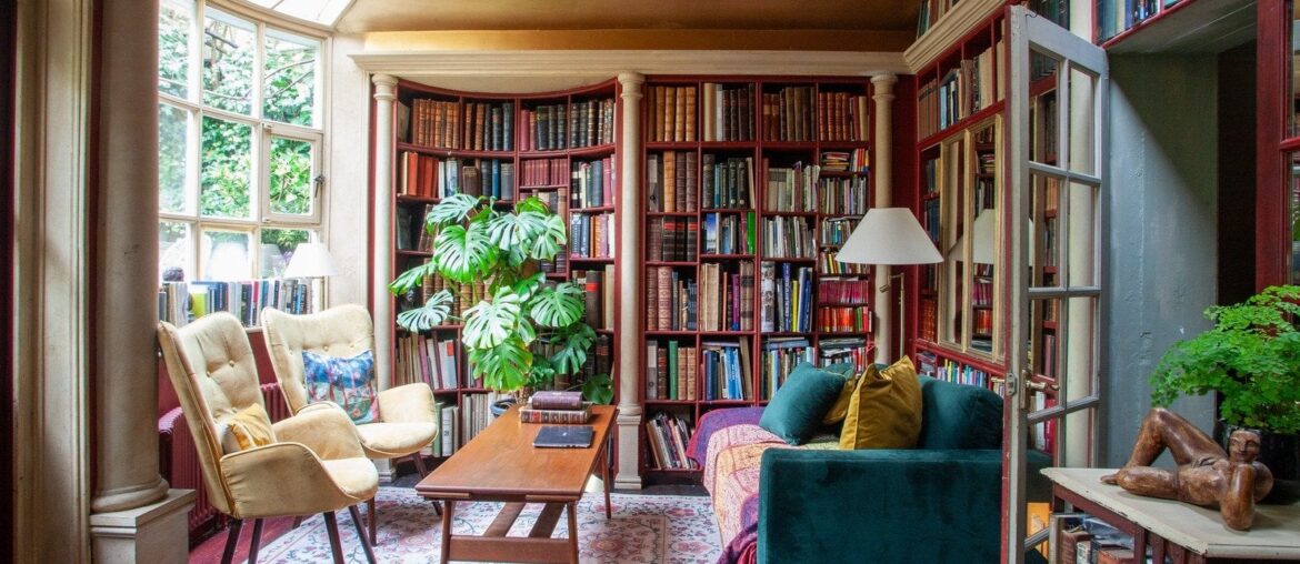 Home library with garden views in a three-bedroom 18th-century Georgian terrace house chock-full of books, Bristol, England [1600x1067]