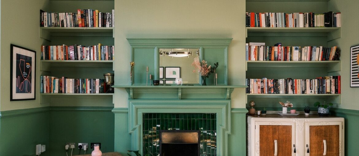 Historic home living room with the original fireplace and bottle green-tiled hearth in Westgate-on-Sea, Kent, England [1600x1067]