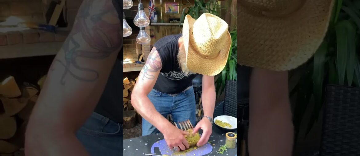 Lamb rack French trimmed with pistachio crust on Weber Kettle