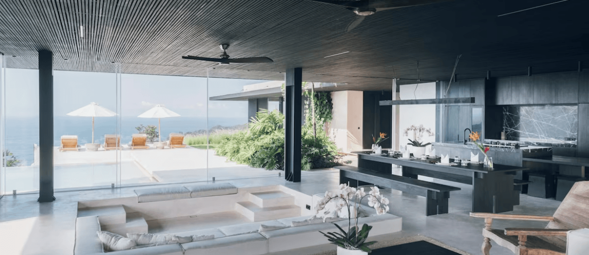 Dark themed open plan kitchen, living and dining in Villa V [1200 x 800] Lombok , Indonesia