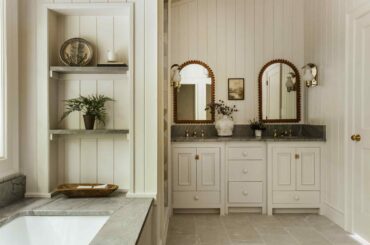 Double vanity and shiplap walls in a renovated bathroom, Athens, Georgia [2250x1500]