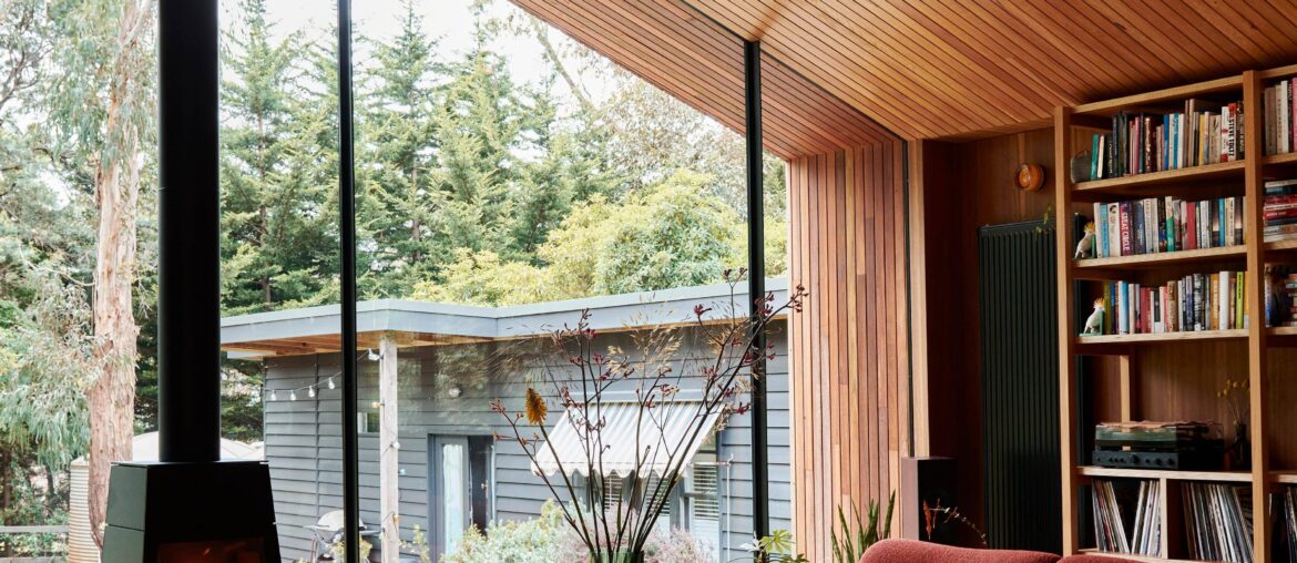 Timber-lined extension to a 1950s weatherboard beach house with garden views, Mornington Peninsula located south of Melbourne, Victoria, Australia [3846x5000]