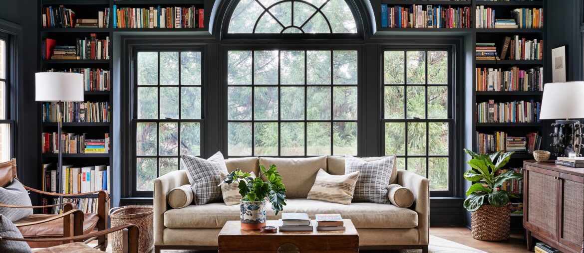 Living room with built-in bookcases around a transom window, Oakton, Fairfax County, Virginia [2500x1688]