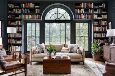 Living room with built-in bookcases around a transom window, Oakton, Fairfax County, Virginia [2500x1688]