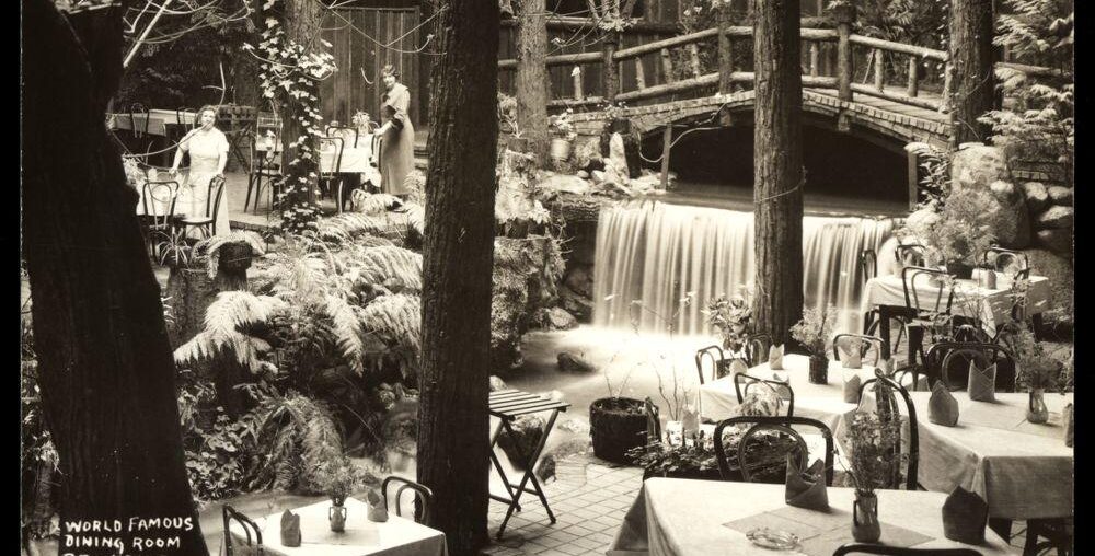At the dawn of 20th century, the dining room of the Brookdale Lodge, Witha River and living Trees in it, would have been pretty magical. The lodge is still open today. [1000x654]