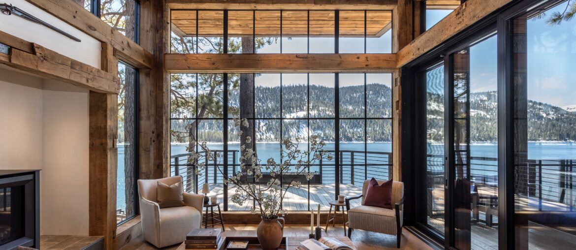Lakeside residence using timbers from the old family barn with views of Donner Lake and the surrounding Sierra Nevada Mountains, California [6720x4017]