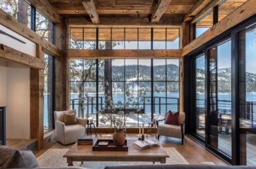 Lakeside residence using timbers from the old family barn with views of Donner Lake and the surrounding Sierra Nevada Mountains, California [6720x4017]