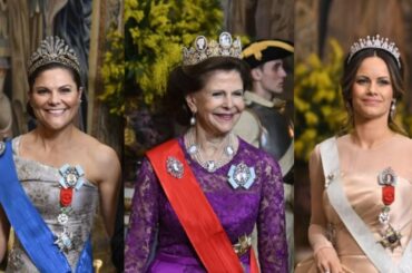 Sweden royals in glittering tiaras during dinner banquet for  French presidential couple! #royals
