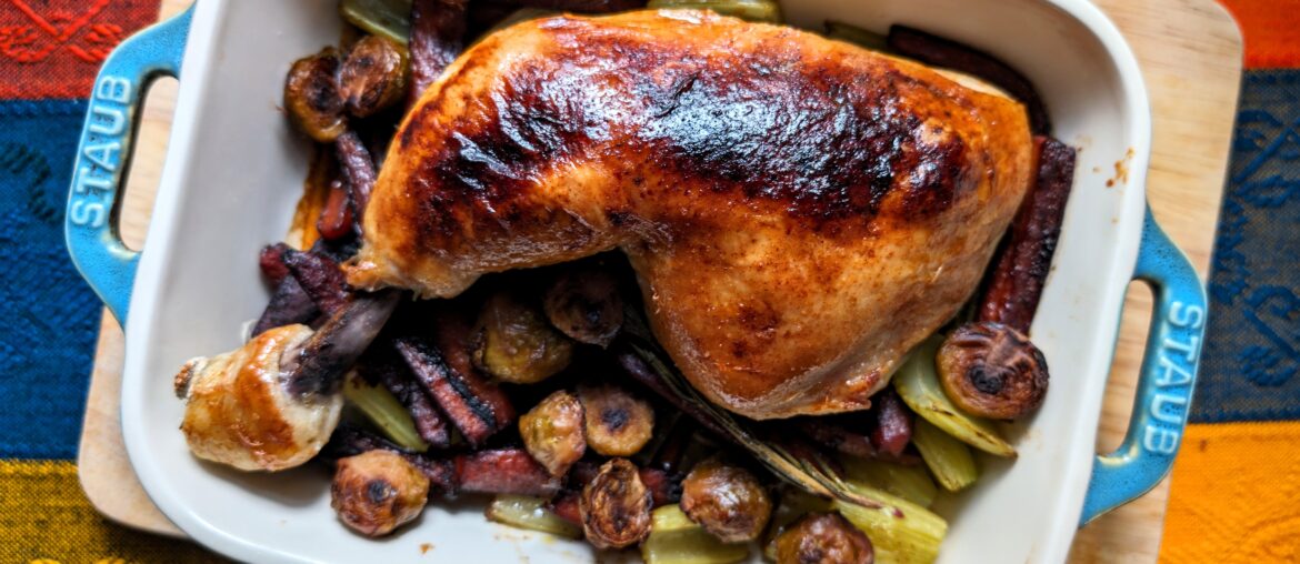 Chicken thigh with carrots (fried and sauteed in balsamic vinegar), celery and brussel sprouts.