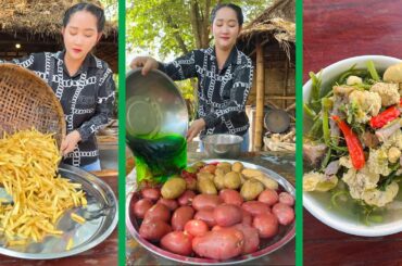 Tasty French fries cooking, Fish egg, head, stomach sour soup recipe | Cooking with Sros