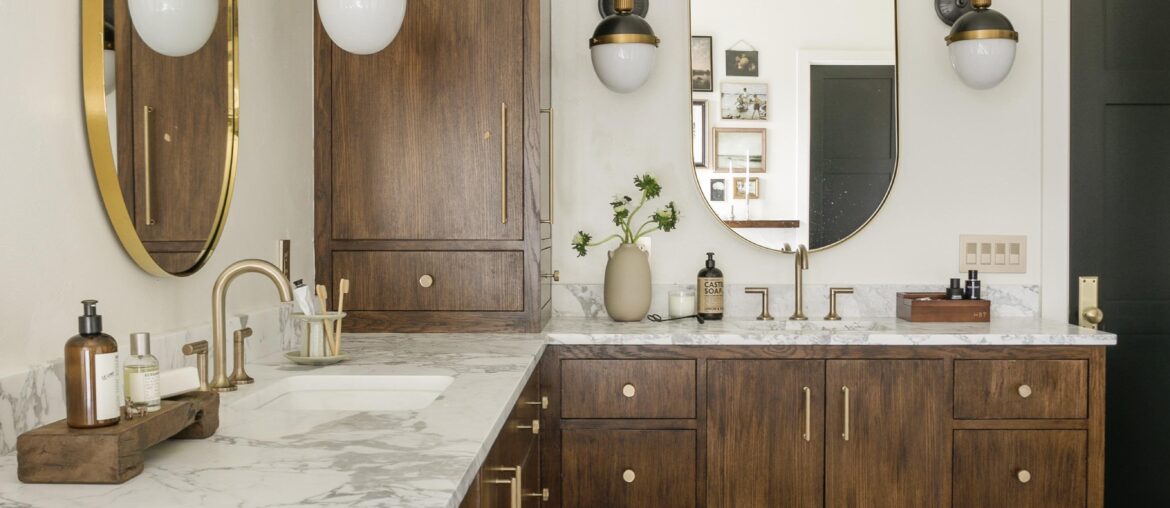 Double-corner vanity in the bathroom of a Norman home, Cleveland County, Oklahoma [2664x3328]