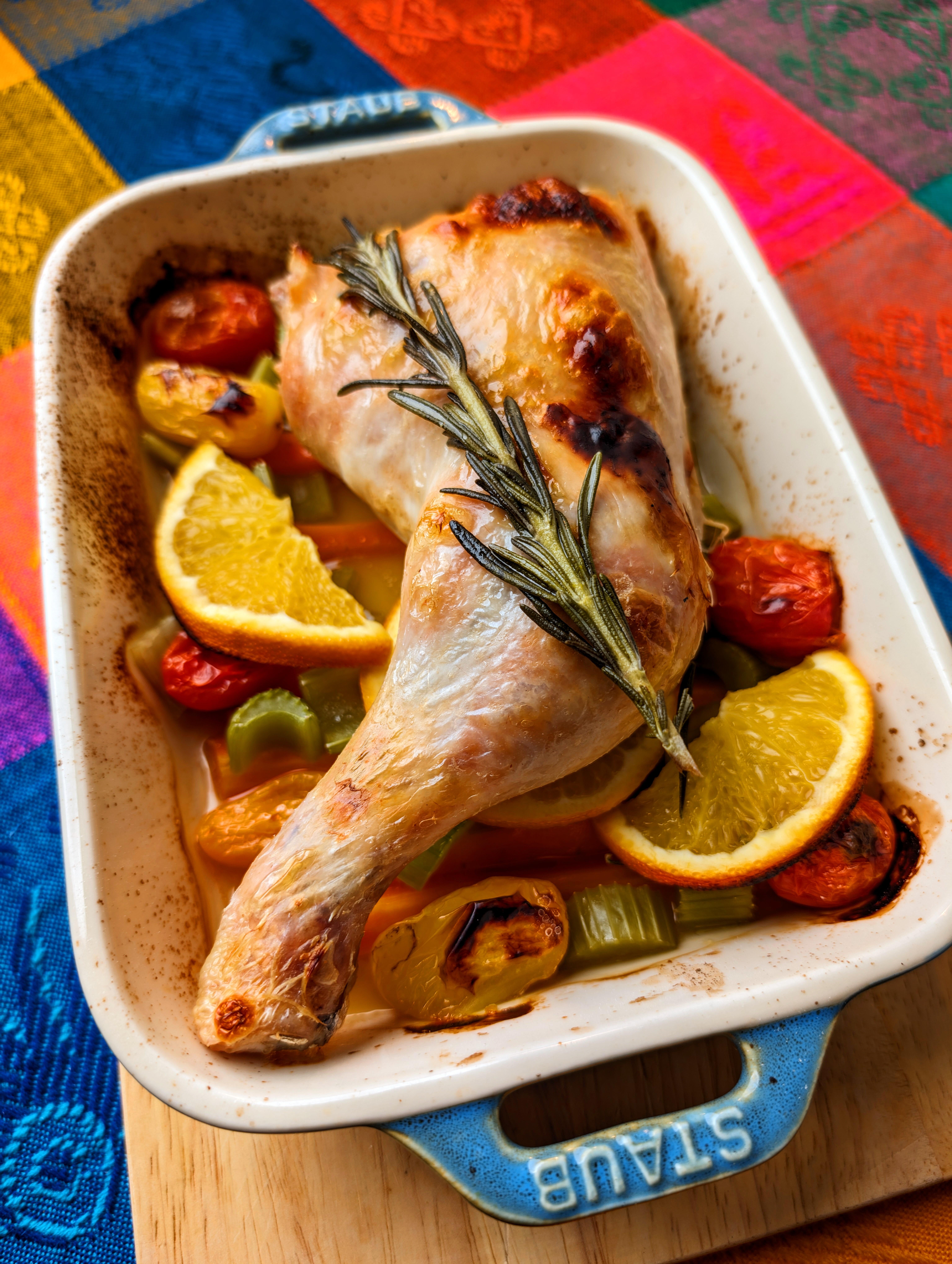 Another chicken thigh roast. Tomatoes, carrots, celery. Aromatised with orange slices and rosemary.