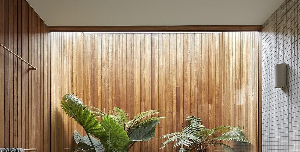 Bathroom with a view of the small internal courtyard garden lined with timber, Torquay, Surf Coast Shire, Victoria, Australia [1000x1500]
