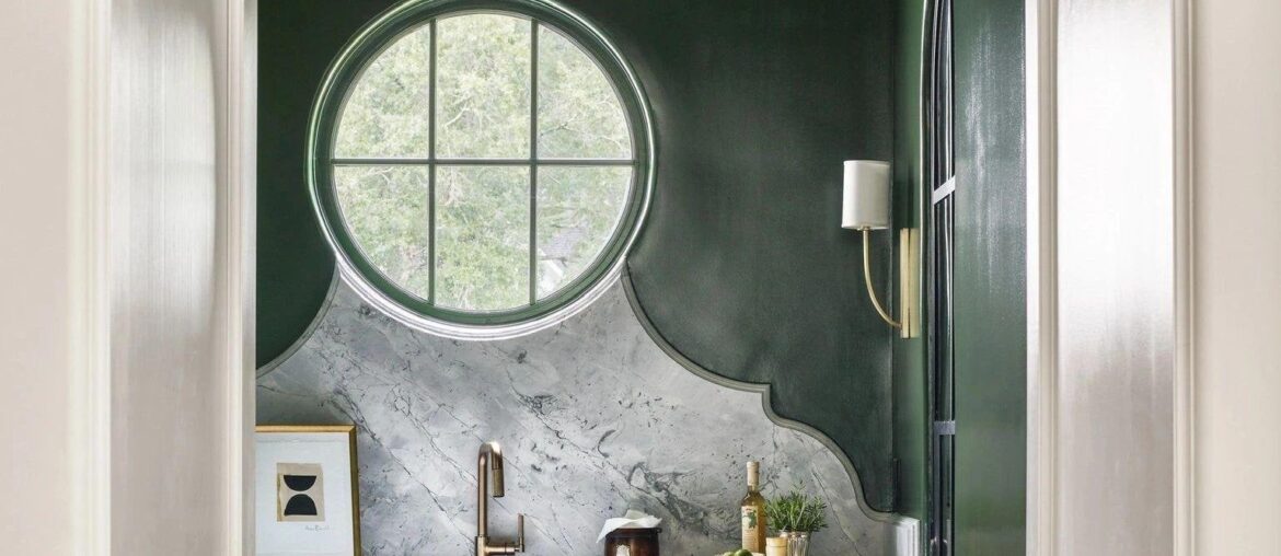 Green wet bar with a wine cellar in a new Chastain Park house, Atlanta, Georgia [1536x2048]
