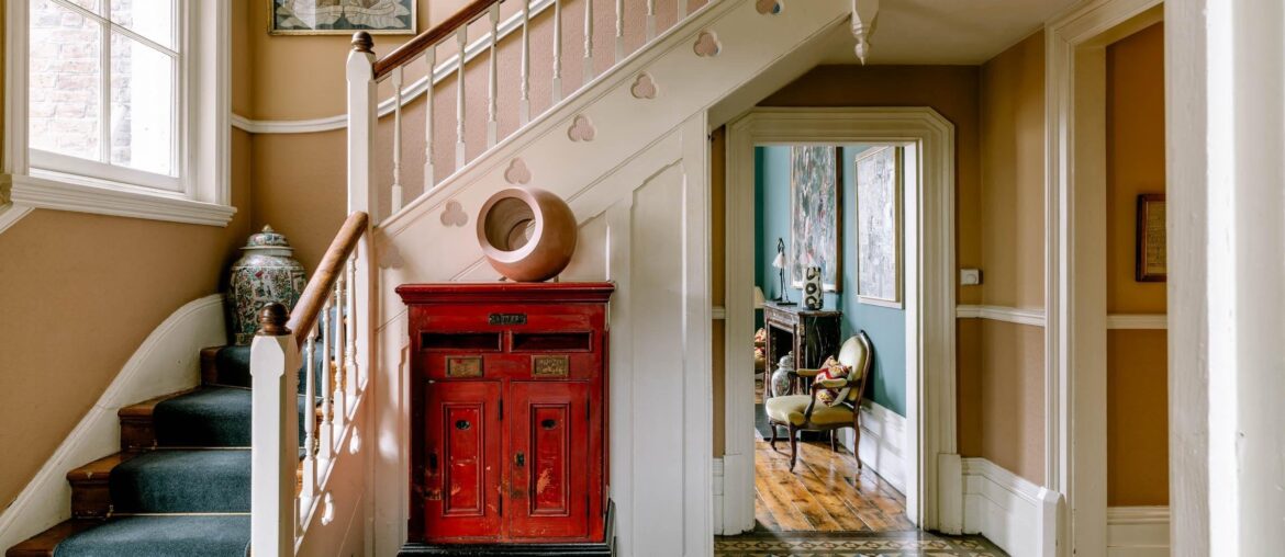 Entrance hall with Minton tiles in a restored and renovated four-bedroom Victorian villa, Woolwich, southeast London, UK [2400x1600]