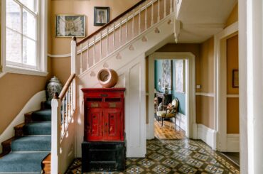 Entrance hall with Minton tiles in a restored and renovated four-bedroom Victorian villa, Woolwich, southeast London, UK [2400x1600]
