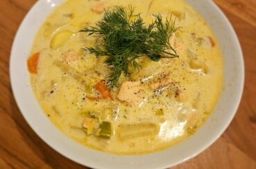 Made Lohikeitto (Finnish soup with salmon, potatoes, carrots, leek and cream) for dinner