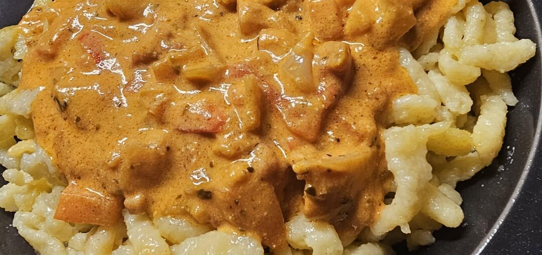 Homemade Spätzle with a sauce made from ultrafresh veggies