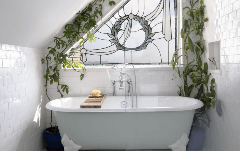 Sloped ceiling attic bathroom renovation with a custom stained glass window, San Francisco, California [808x1220]