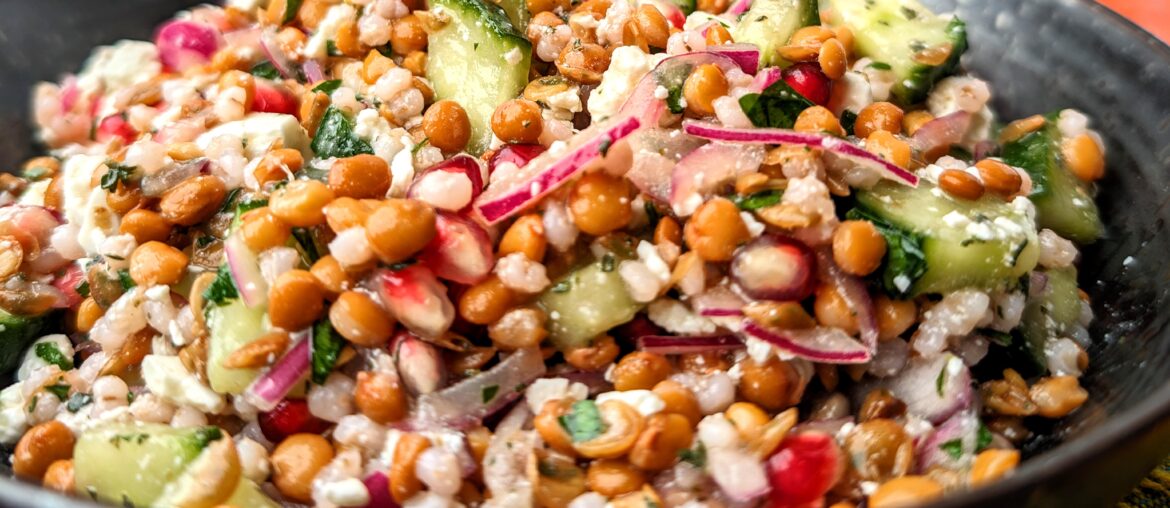 Lentil salad with pearl barley, cucumber, pomegranate seeds, red onion, feta cheese, balsamico bianco, salt, flat parsley and thyme.