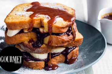 Chocolate and banana French toast with salted caramel | Gourmet Traveller