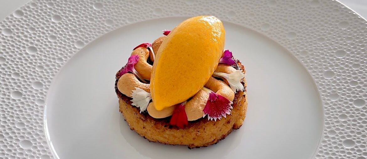 Spiced French Toast with Sea Buckthorn Sorbet & Toasted Cashews | Fine Dining Pain Perdu