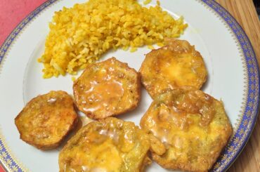 Aubergines with honey and curried rice
