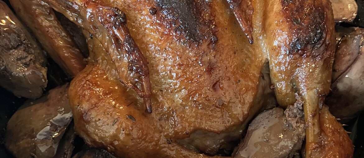 Roasted duck in duck fat, with slow coocked fried turkey livers.