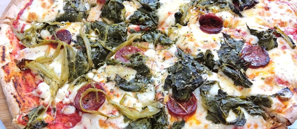 Galician style pizza with San Simón Da Costa cheese, chorizo and rapini