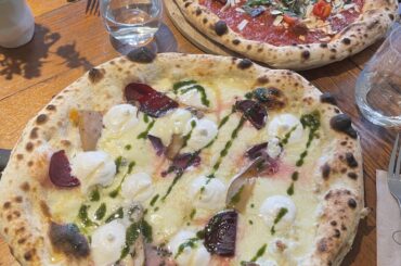 White Pizza with Goat Cheese, Thyme, Red Beets, Pears, and Honey