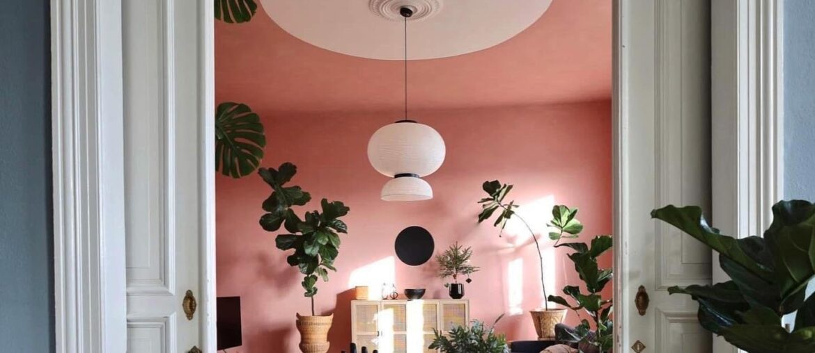 Pink living room in an apartment full of houseplants, Cuxhaven, Lower Saxony, Germany [1440x1800]