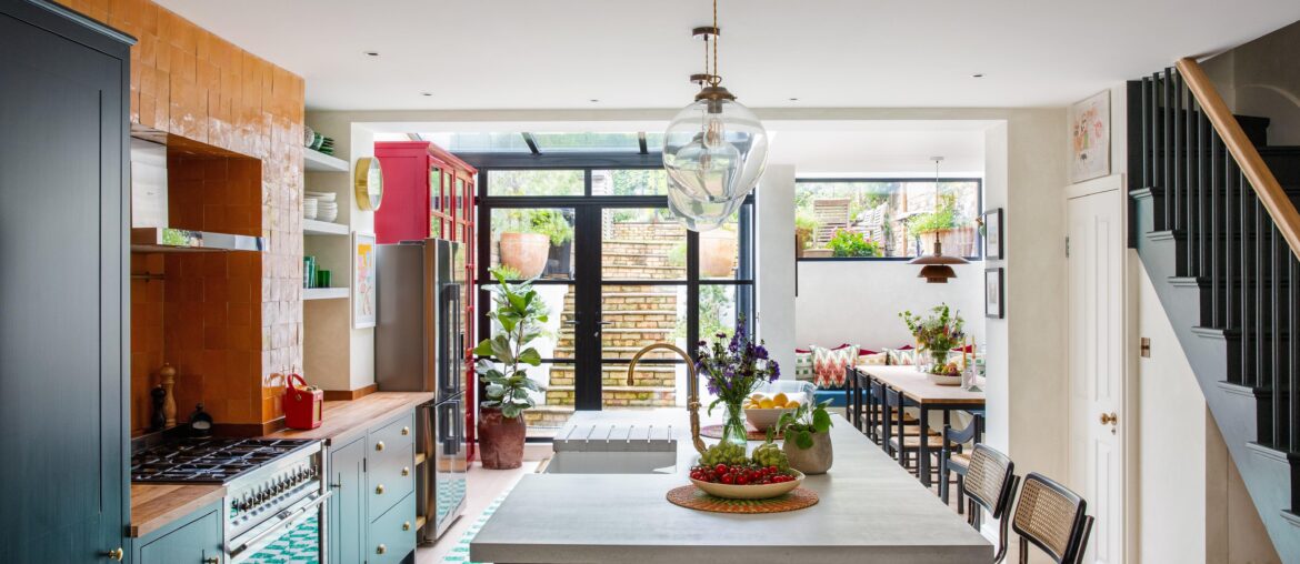 Basement kitchen and dining space opening up to the garden in a renovated Victorian house, Peckham, south London, UK [5760x3840]