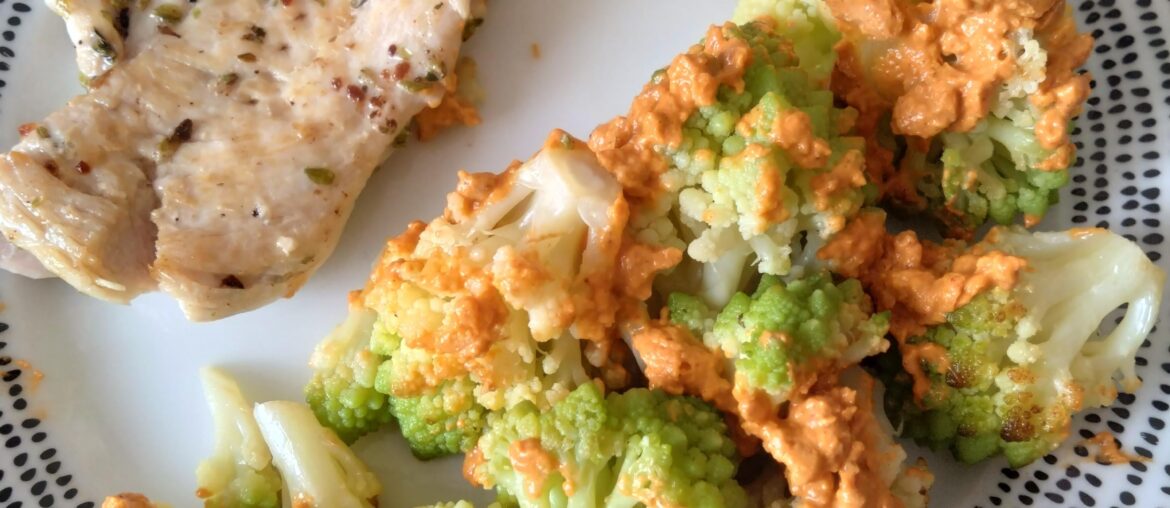 Chicken and romanesco with romesco sauce