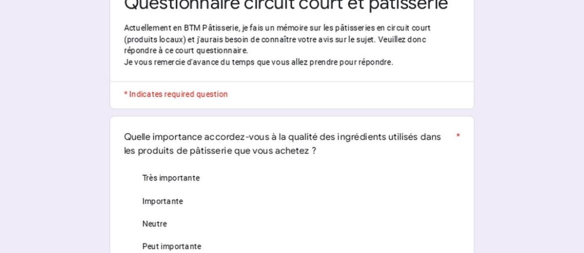 Questionnaire Mémoire pour mon BTM de Pâtisserie