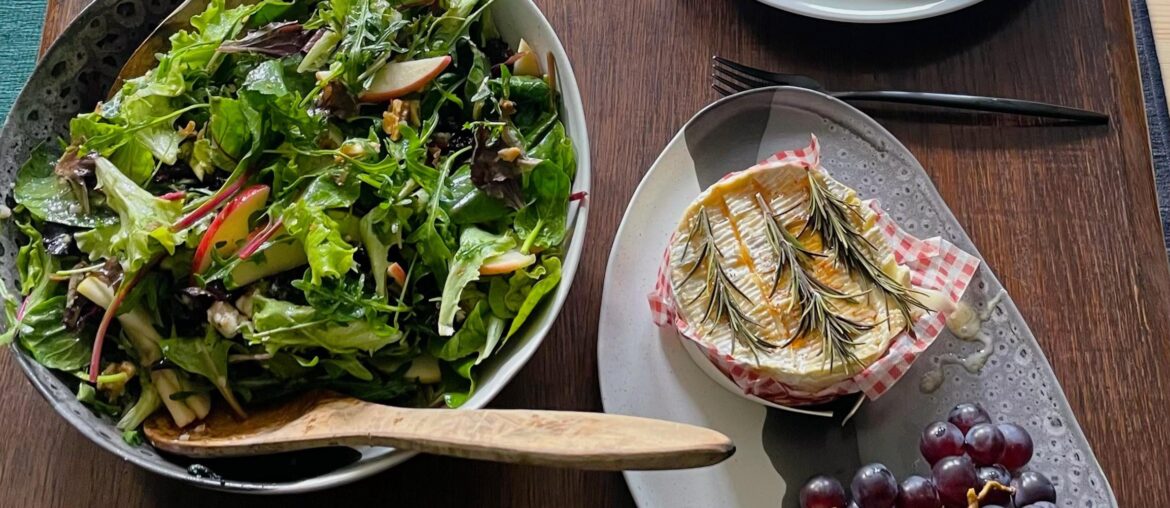 Pumpkin Soup, Baked Camembert, and Apple Walnut Salad