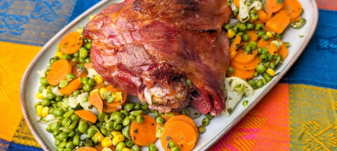 Cured (with curing salt) ans sous vide cooked turkey thigh with sautéed vegetables.