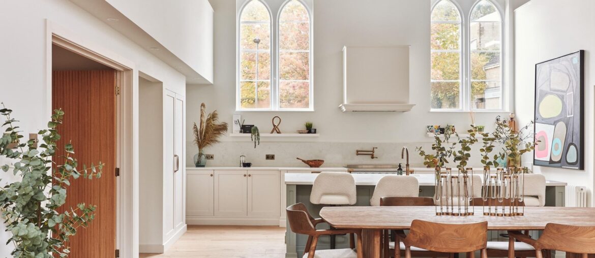Light-filled main living space in a converted Victorian chapel built in 1881, Bath, Somerset, England [2400x1600]