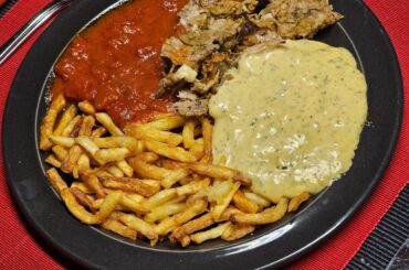 Pork neck layered roast gyros style with homemade fries, fresh béarnaise and tomato sauce conserved from last summer's harvest (instructions in the gallery, from right to left)