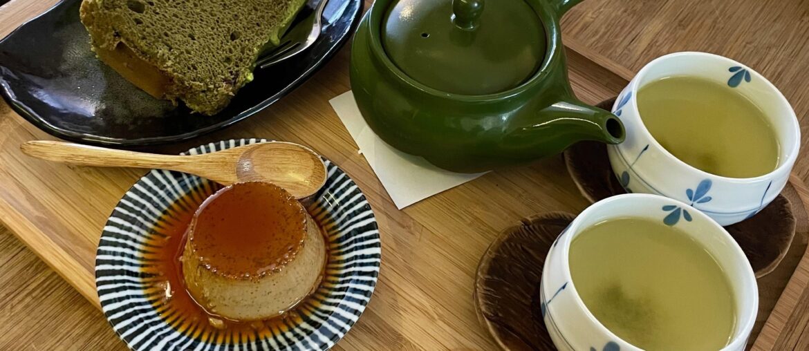 Matcha chiffon cake, roasted tea flan, and green tea in Berlin