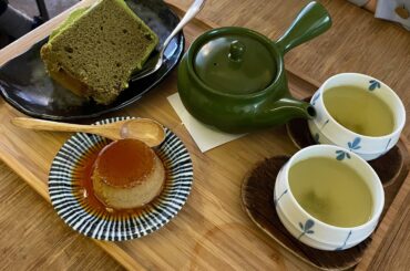 Matcha chiffon cake, roasted tea flan, and green tea in Berlin